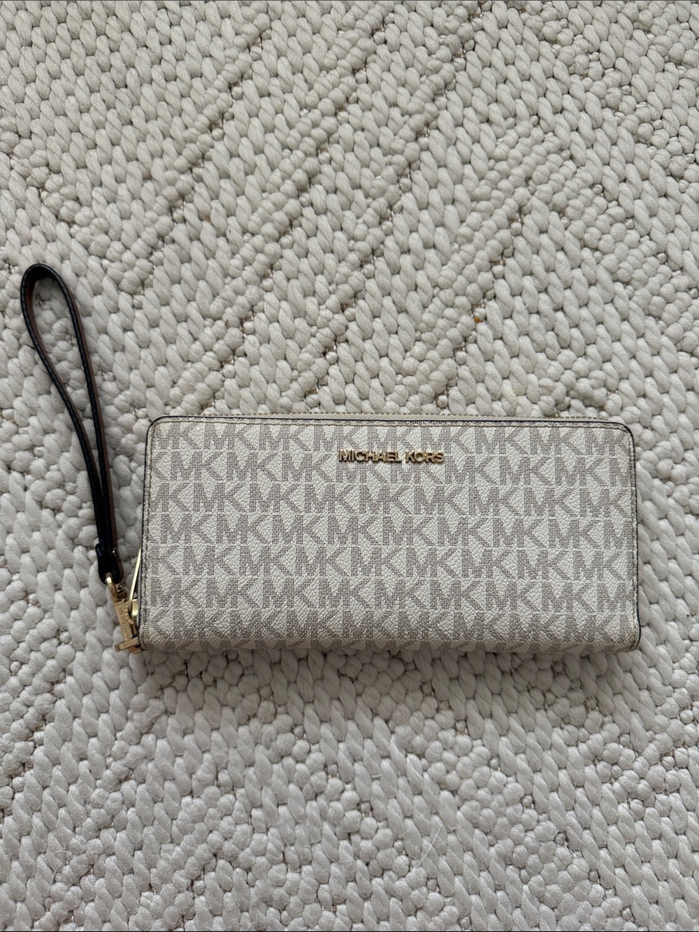 Michael Kors Neutral MK Logo Zip-Around Wristlet Wallet with Gold Hardware